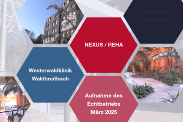 Außen- und Innenansichten der Westerwaldklinik Waldbreitbach sowie Text in bunten, secheckigen Kacheln, Text 1: NEXUS / REHA, Text 2: Westerwaldklinik Waldbreitbach, Text 3: Aufnahme des Echtberiebs März 2025